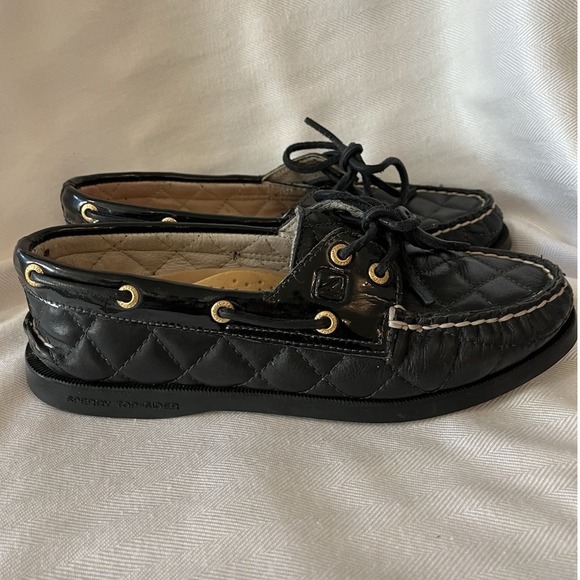 Sperry Top Sider Quilted‎ Black Leather Boat Shoes Womens Size 6 Preppy - Picture 4 of 10